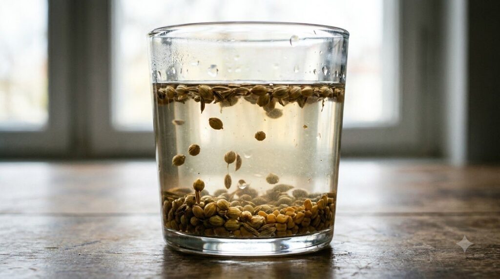 A close-up of a clear glass filled with water with various seeds coriander cumin fenugreek visibly soaking at the bottom