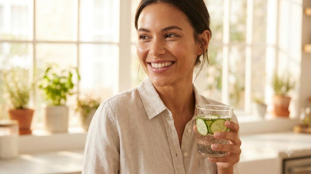 A woman smiling holding a glass of seed-infused water suggesting radiant and healthy skin