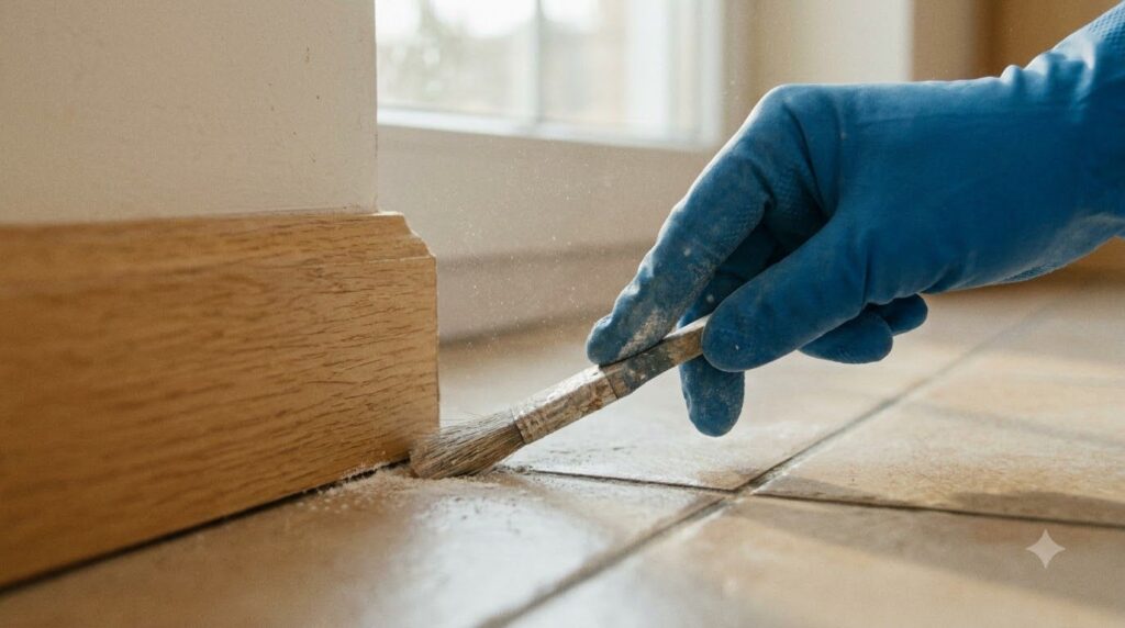 A hand wearing a glove carefully dusting a thin layer of white powder boric acid along a kitchen baseboard or a crack il