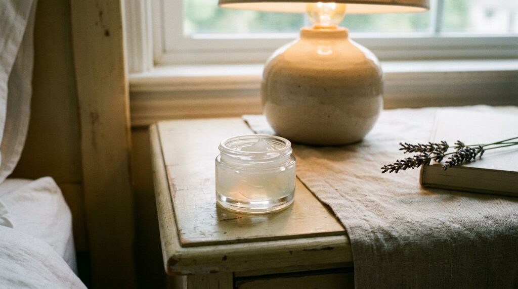 A small elegant jar of the finished homemade glow night gel placed on a bedside table illustrating the ready-to-use prod