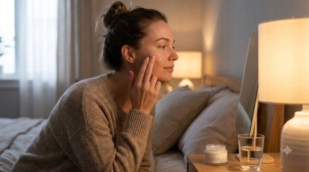 A person gently applying a small amount of the homemade glow night gel to their clean face before bed illustrating the u