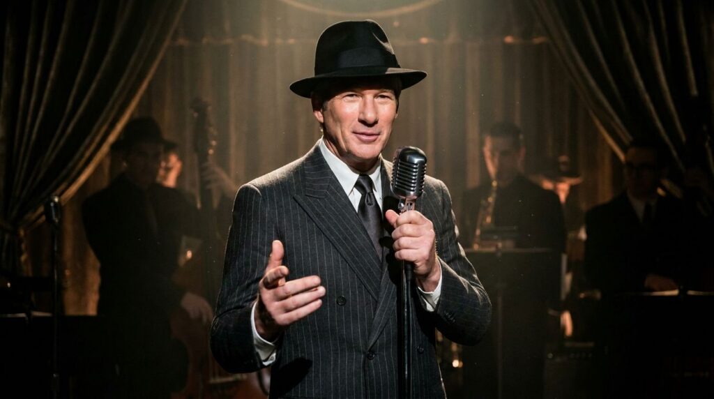 Richard Gere on stage as Billy Flynn in the musical Chicago wearing a sharp suit and fedora looking confident and debona