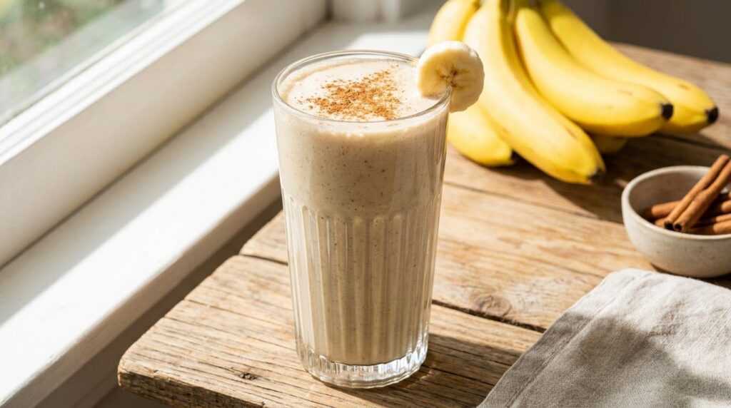 A vibrant fresh banana cinnamon smoothie in a tall glass garnished with a sprinkle of cinnamon and a banana slice with a