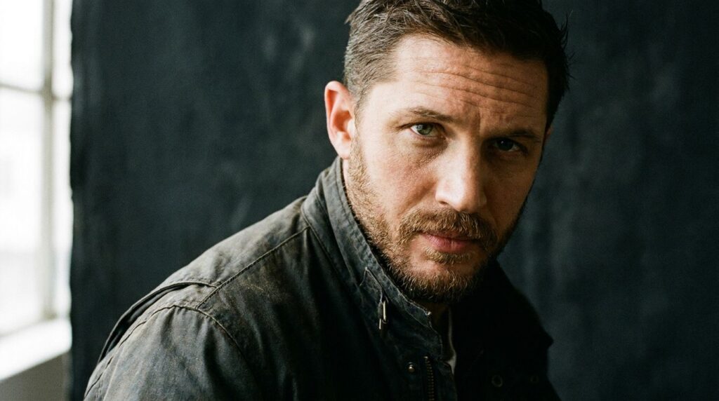 A striking portrait of Tom Hardy possibly in a slightly grizzled intense look embodying the essence of his powerful char