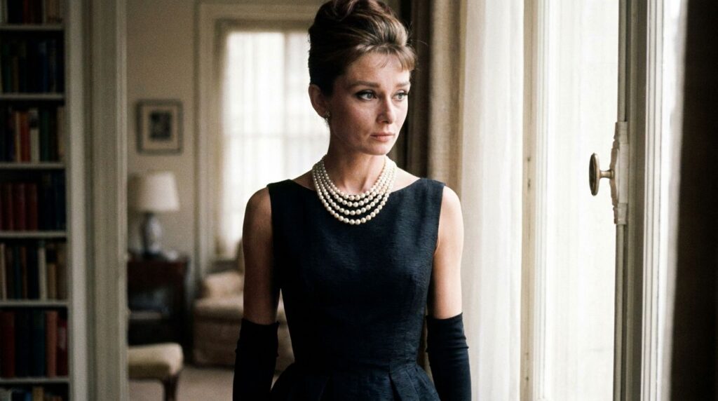 Audrey Hepburn as Holly Golightly in Breakfast at Tiffany s wearing her iconic black dress and pearls