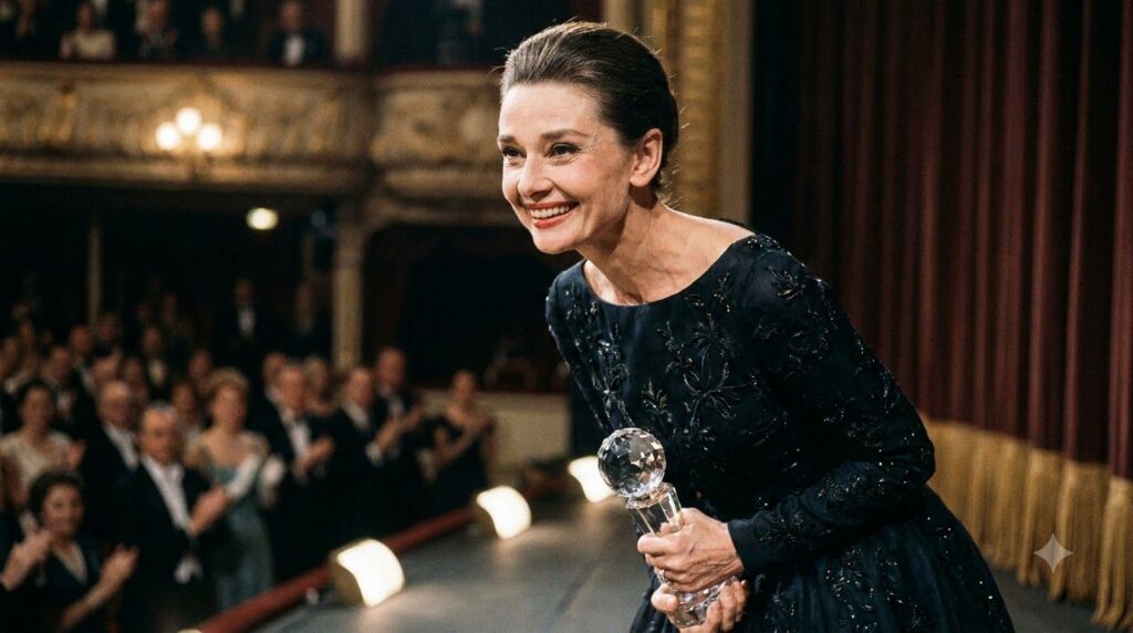 Audrey Hepburn accepting an award smiling brightly wearing an elegant dress