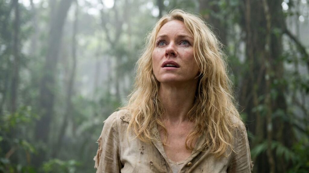 Naomi Watts as Ann Darrow in King Kong looking up with a look of awe and fear
