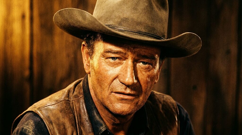 A classic portrait of John Wayne in his iconic cowboy hat looking determined and rugged