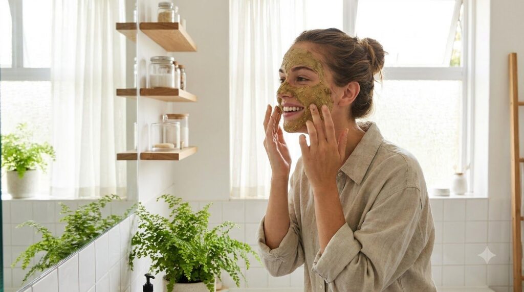 A woman gently applying a homemade mask to her face with a soft natural glow in a well-lit bathroom setting