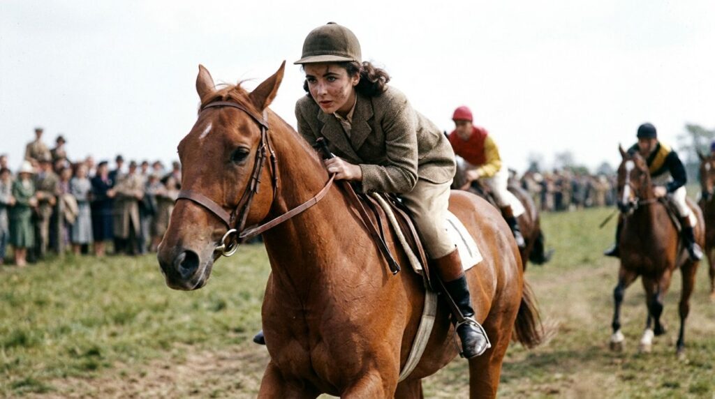 A young Elizabeth Taylor riding a horse a scene from National Velvet
