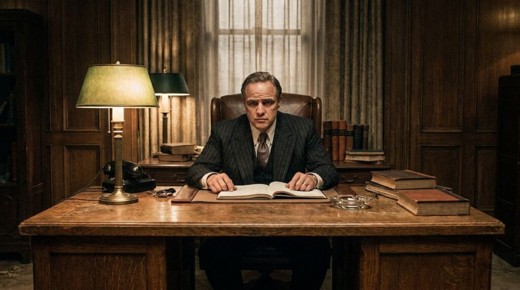 Marlon Brando as Vito Corleone in The Godfather sitting at a desk in a dark suit