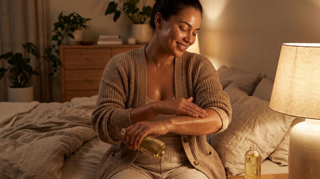 A woman gently massaging a natural body oil onto her arm with soft glowing skin visible The scene is cozy and suggests a
