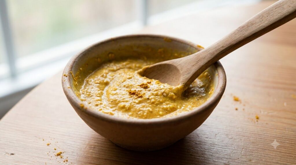 A close-up of a yellowish creamy DIY face mask mixture in a small bowl ready for application