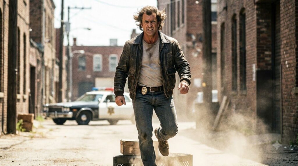 Mel Gibson as Mad Max or Martin Riggs portraying a classic 80s or 90s action hero looking intense and ready for action