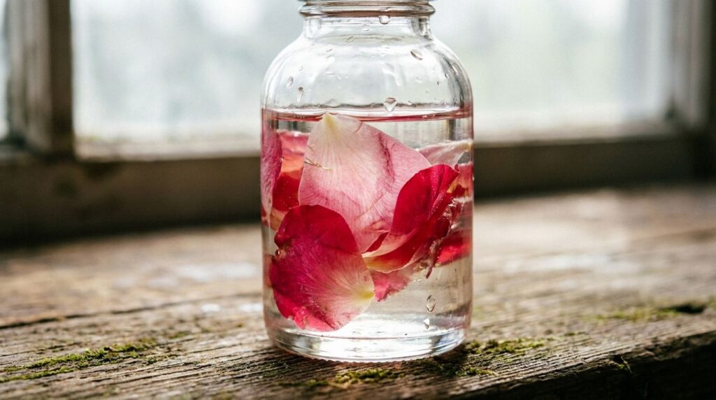 A close-up of a small glass bottle with rose petals submerged in baby oil sitting on a wooden surface with soft diffused