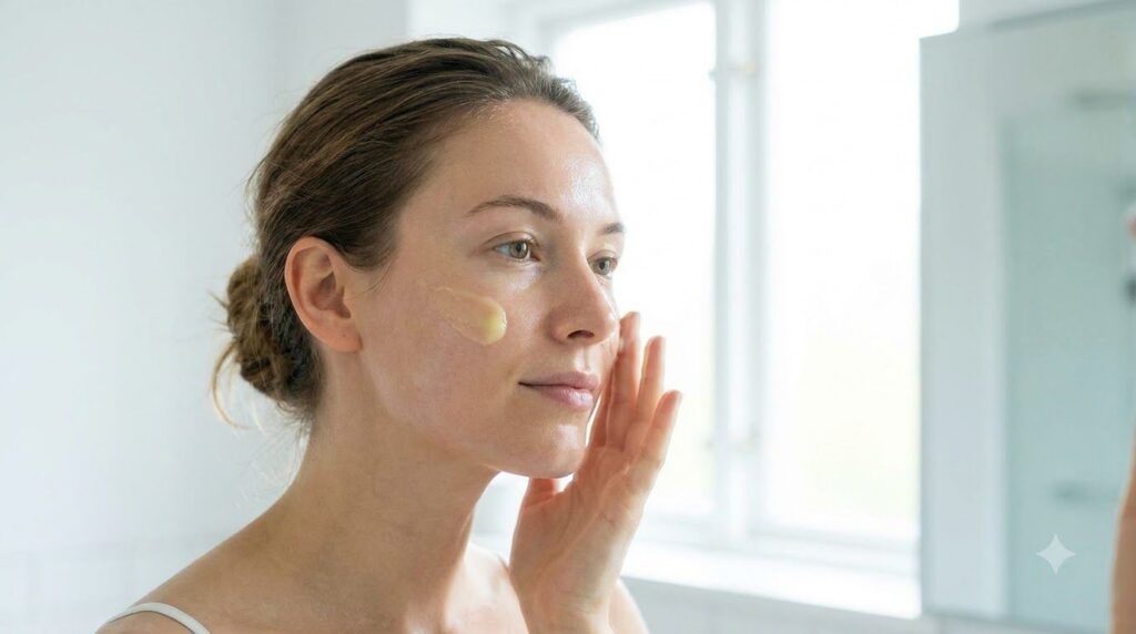 A person gently applying a yellow-tinted face mask to their cheek with their fingertips in a bright bathroom setting