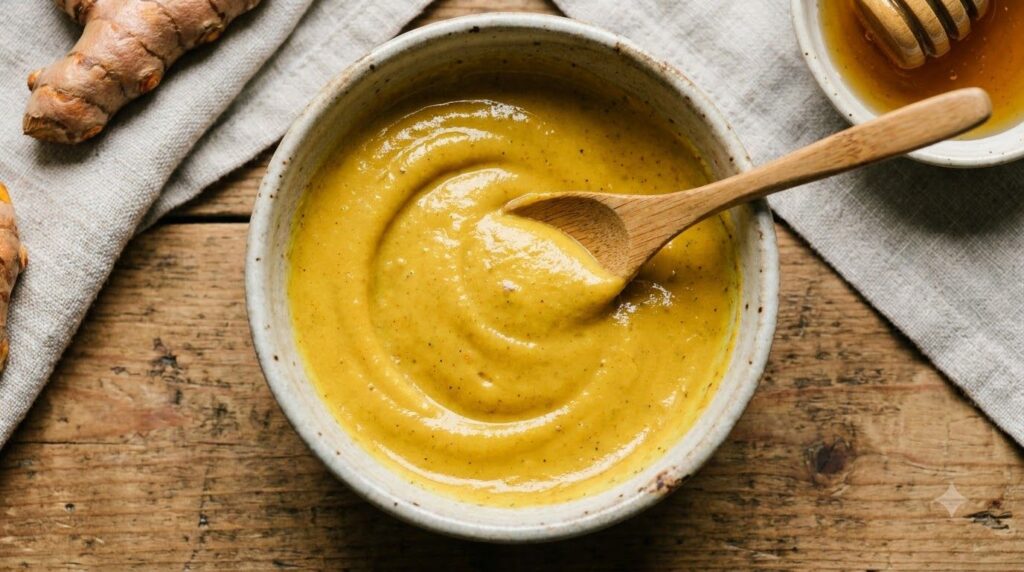 A close-up shot of the natural ingredients being mixed in a small bowl with a spoon showing a smooth golden yellow paste