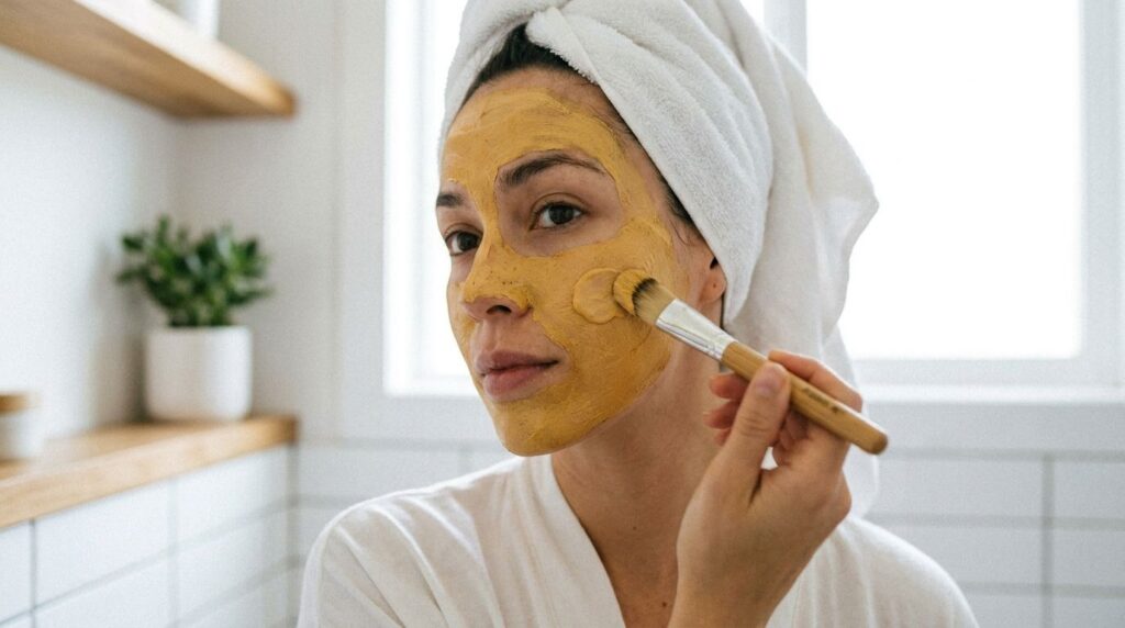 A woman gently applying a yellow-tinted face mask suggesting turmeric to her cheek in a close-up shot with a soft clean 