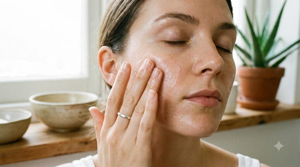 A woman s hand gently applying a thin layer of the Vaseline glass skin mixture to her clean face
