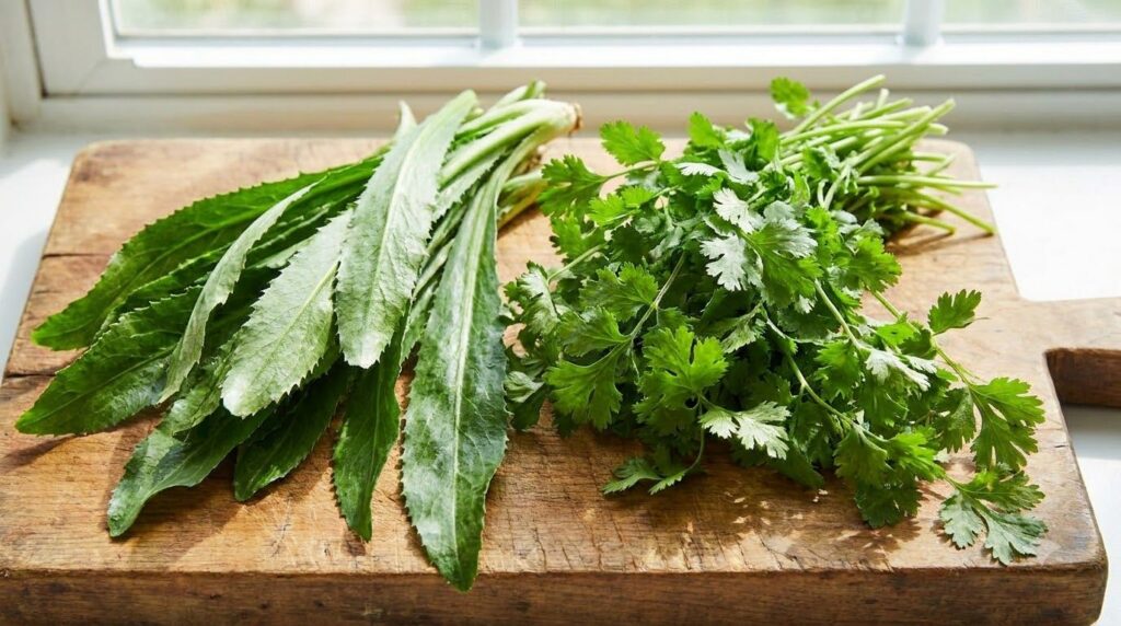 A side-by-side comparison of fresh culantro and fresh cilantro highlighting their distinct leaf shapes and textures