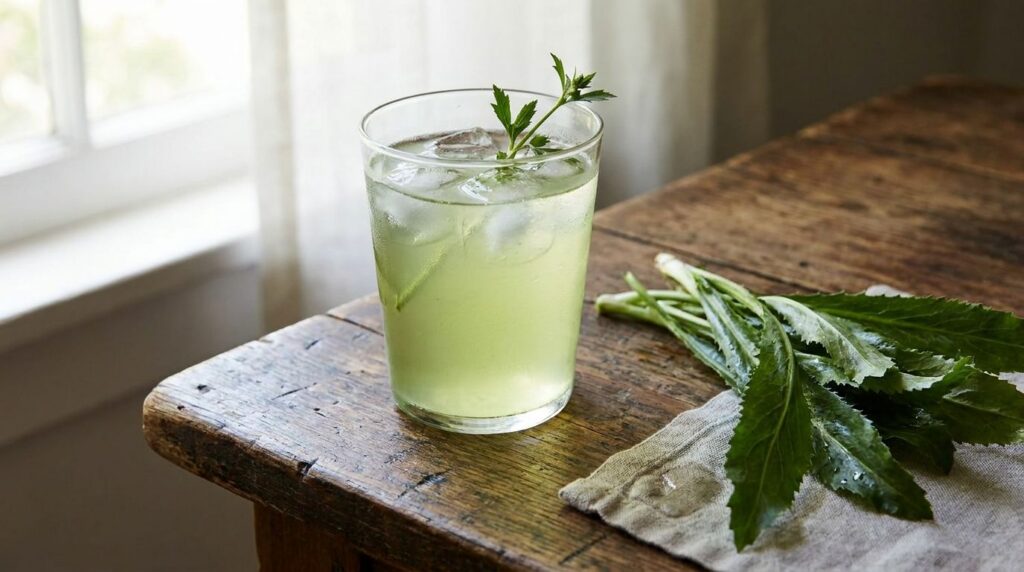 A glass of prepared culantro tonic showing a light green hue with a few fresh culantro leaves artfully placed next to th
