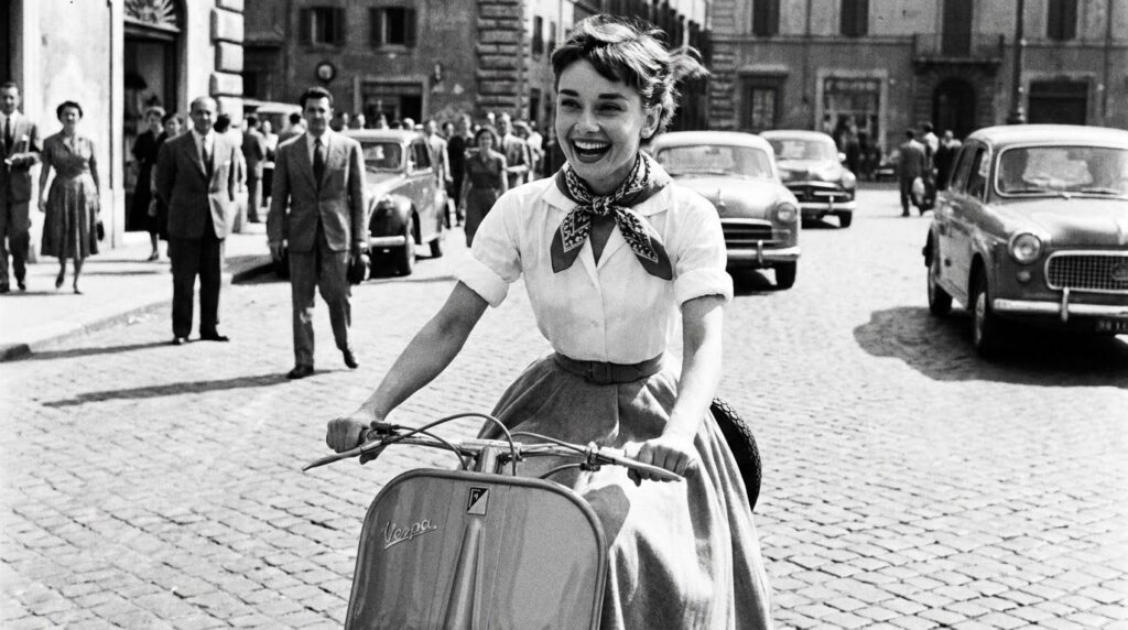 Audrey Hepburn in a scene from Roman Holiday looking elegant and charming
