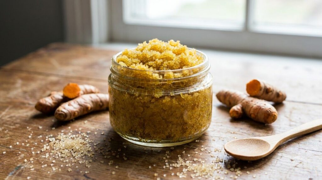 A close-up shot of a small glass jar filled with a vibrant yellow turmeric and sugar body scrub placed on a rustic woode