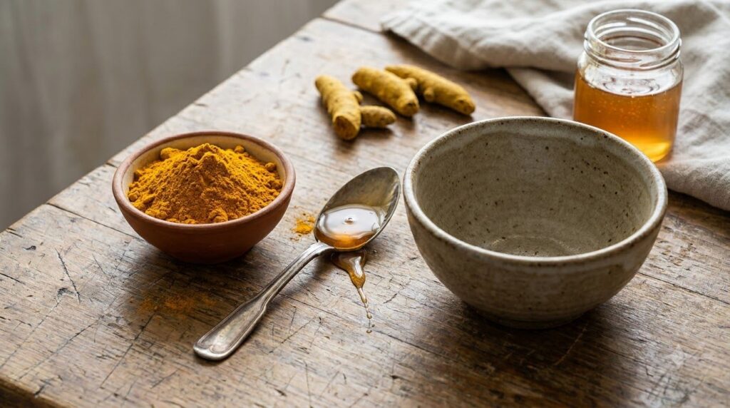 Ingredients for a turmeric and honey face mask a small bowl with yellow turmeric powder a spoon dripping with golden hon