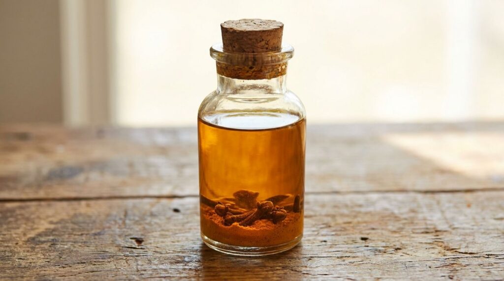 A small clear glass bottle filled with golden infused oil with whole cloves and turmeric at the bottom placed on a natur