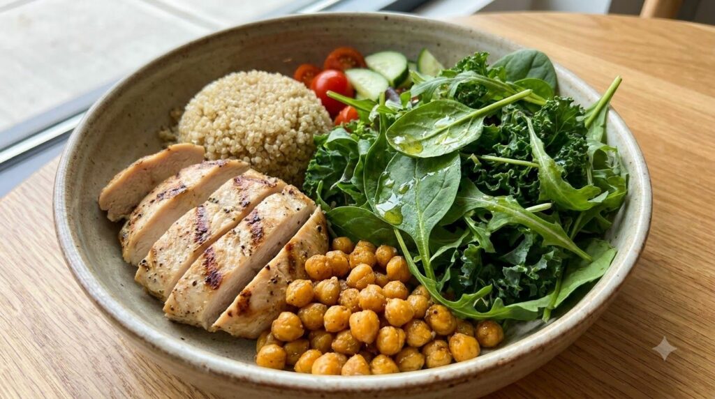 A close-up shot of a healthy high-protein meal bowl featuring grilled chicken breast a scoop of quinoa roasted chickpeas