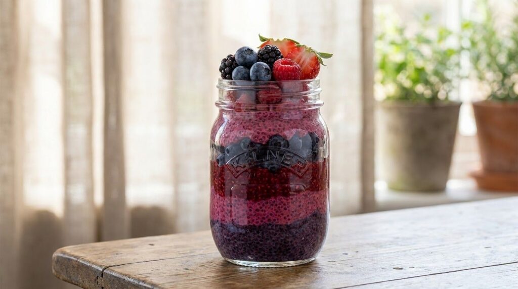 A glass jar with layers of berry chia seed pudding showing the chia seeds milk and mixed berries