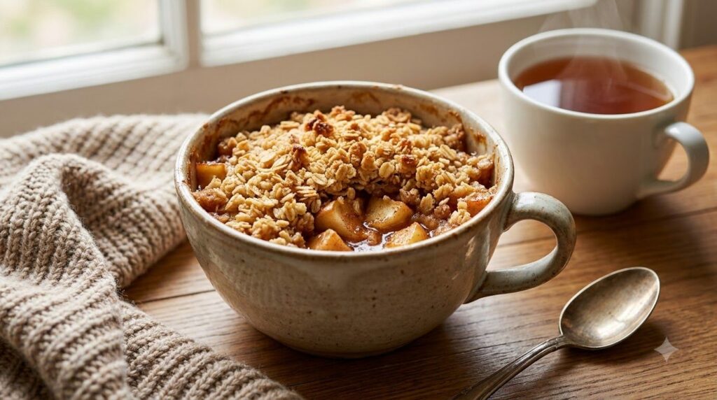 A single-serving apple cinnamon crumble in a mug topped with a golden oat crumble
