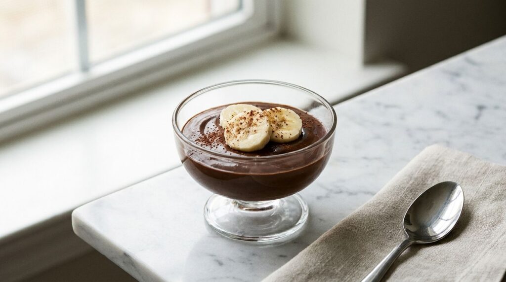 A rich chocolate banana pudding in a small bowl garnished with a sliced banana