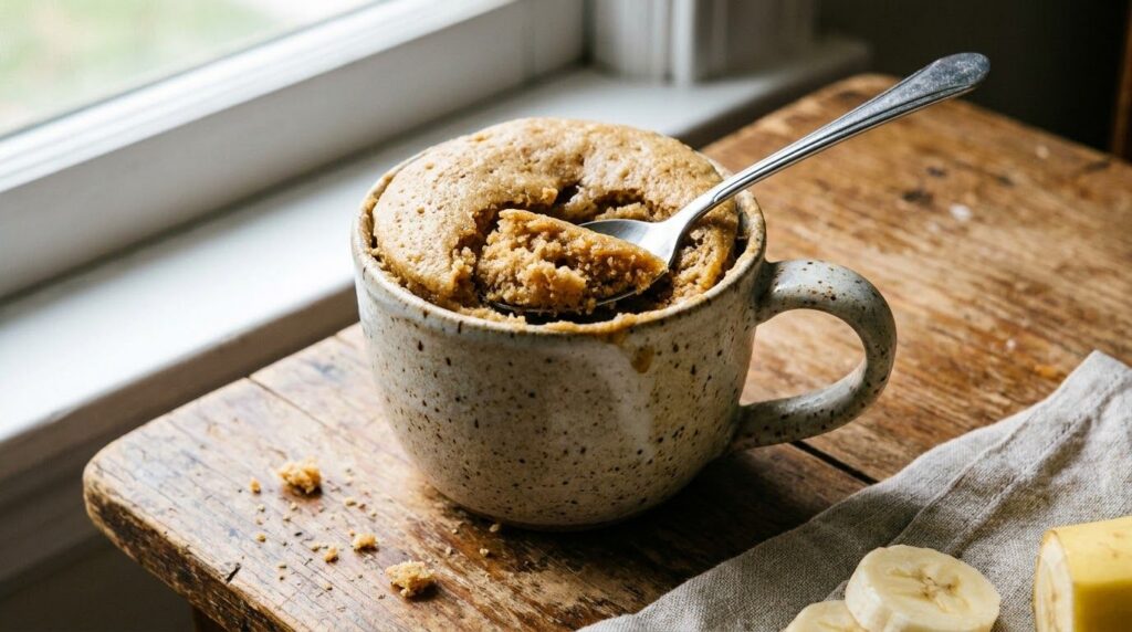 A warm peanut butter banana mug cake with a slightly puffed top in a ceramic mug