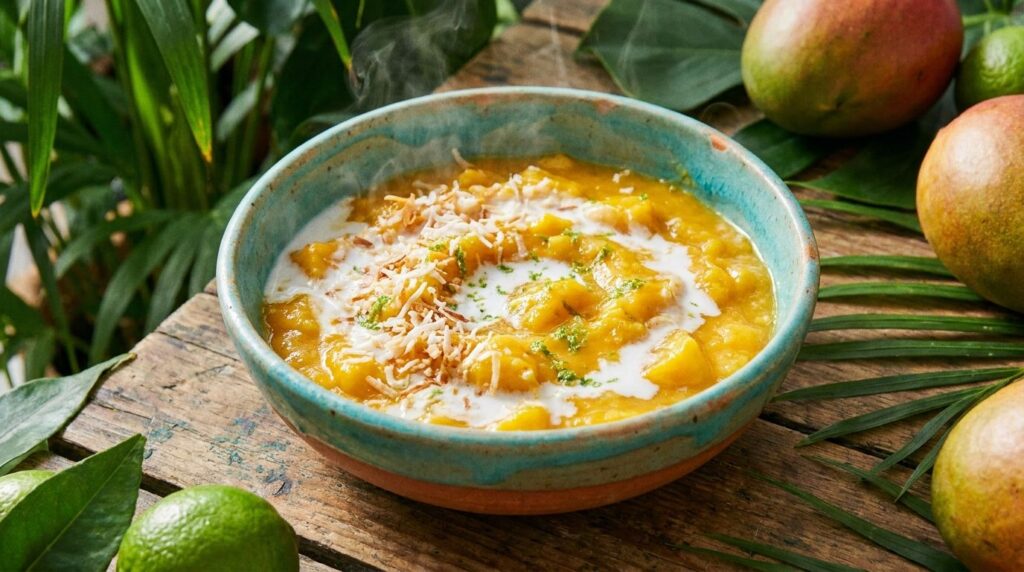 A vibrant tropical mango and coconut bowl garnished with shredded coconut and lime zest