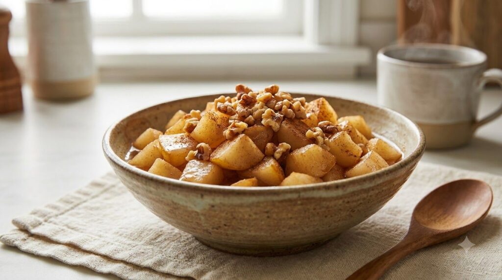 A warm bowl of diced pears with cinnamon and walnuts