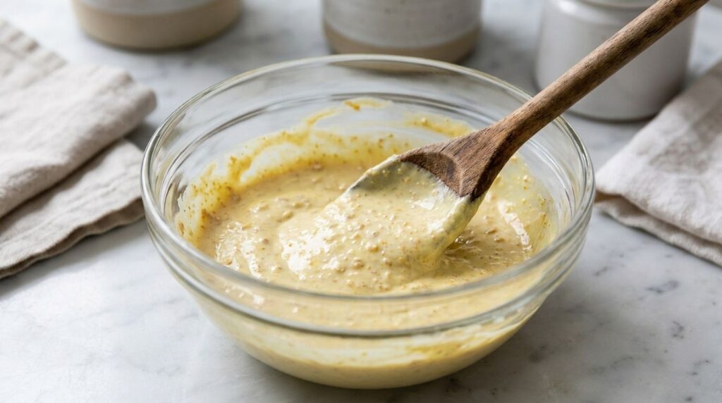 A close-up of a small glass bowl containing a yellow creamy mixture being stirred with a small wooden spoon The mixture 