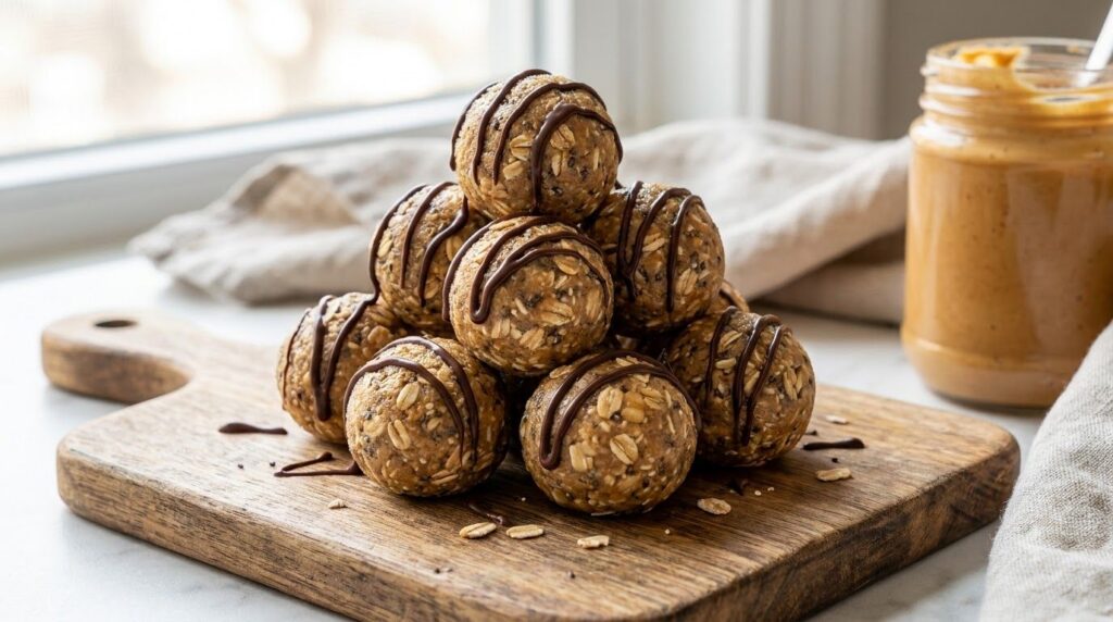 A small pile of round peanut butter energy balls speckled with oats or chia seeds on a rustic wooden board Some drizzled