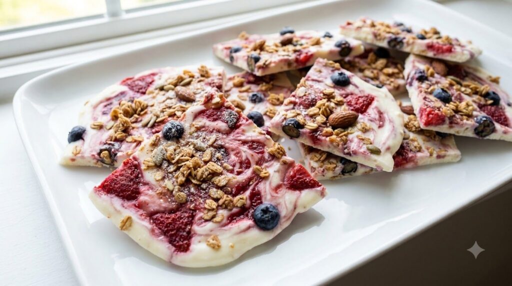 Colorful berry yogurt bark broken into irregular pieces showcasing swirls of white yogurt and vibrant red and blue berri