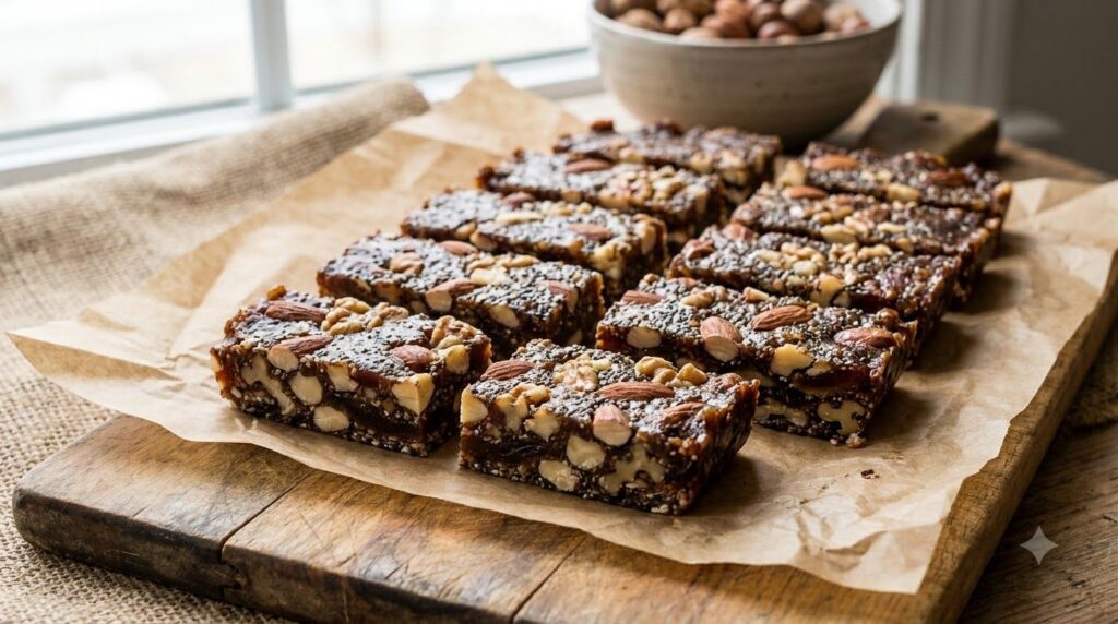 Homemade date and nut energy bars cut into neat rectangles showing visible layers of dates nuts like almonds and walnuts