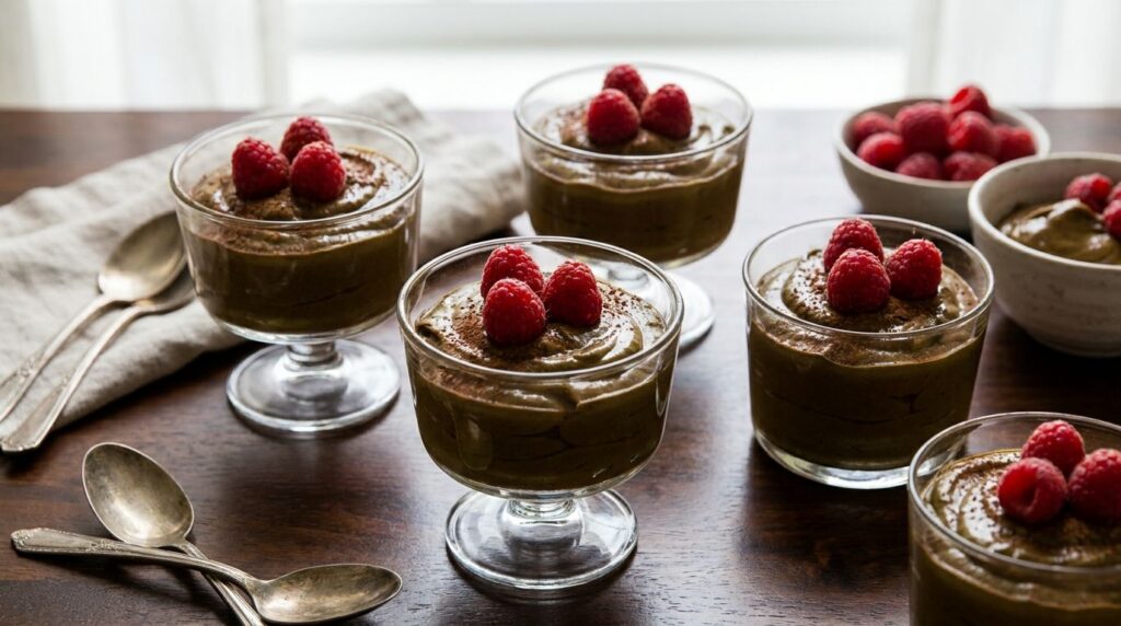 Smooth rich and dark green-brown avocado chocolate mousse served in elegant small glass dessert cups garnished with fres