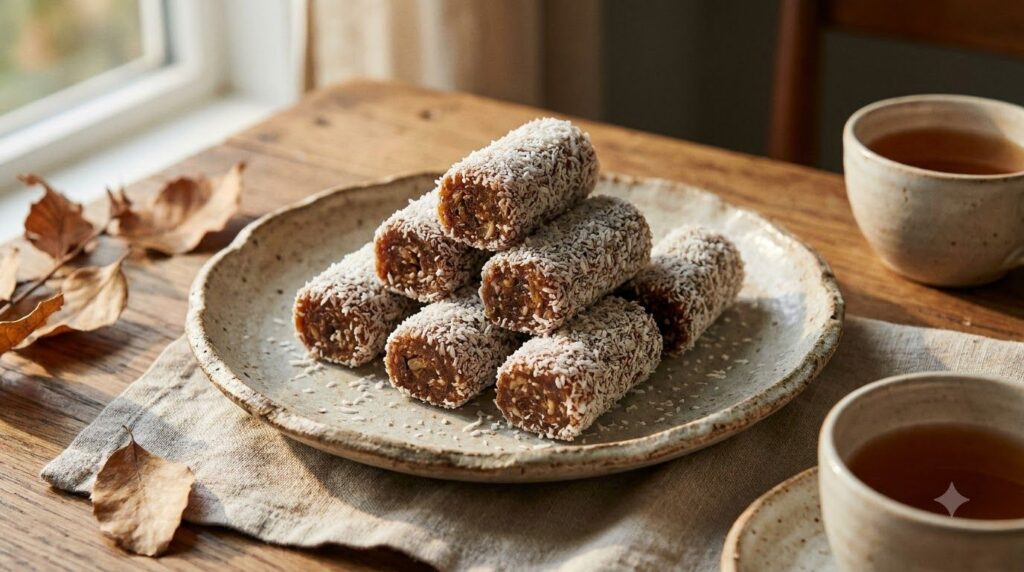 Small cylindrical coconut date rolls coated in shredded coconut artfully arranged on a rustic plate They appear dense an
