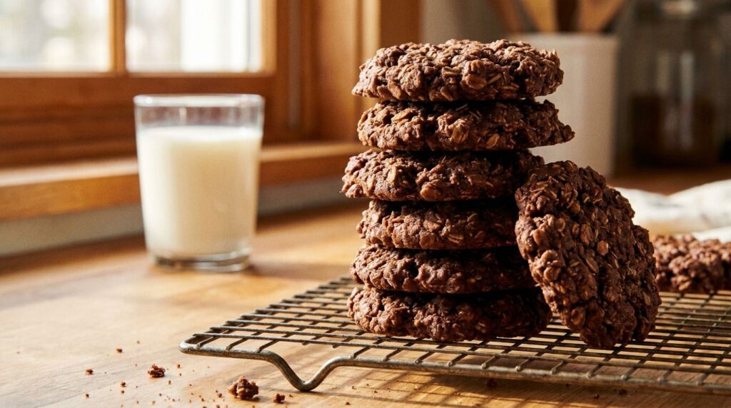 A stack of no-bake chocolate oatmeal cookies on a cooling rack with a few extra cookies scattered around They have a sli