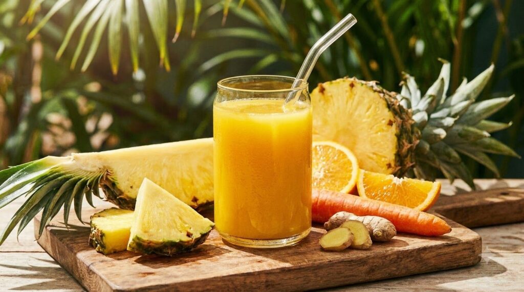 A sunny yellow-orange tropical juice with pineapple orange carrot turmeric and ginger served in a glass with a straw