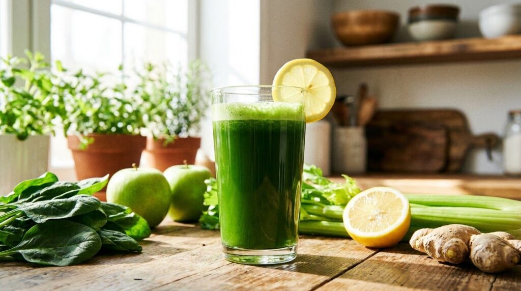 A vibrant green juice in a tall glass made with spinach green apple celery lemon and ginger garnished with a lemon slice