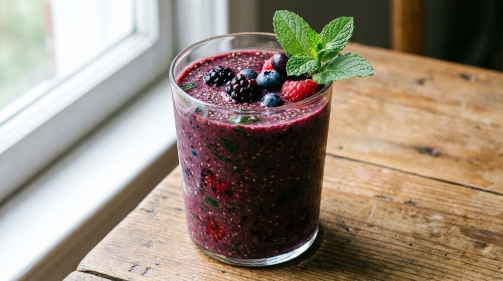 A deep purple juice or smoothie with mixed berries spinach and chia seeds in a glass with a swirl of berries
