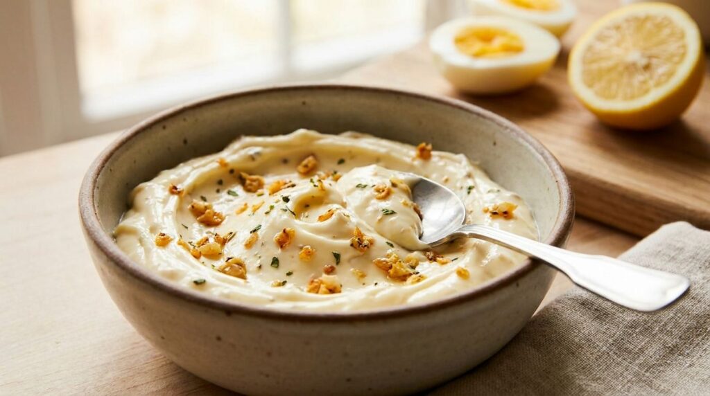 A vibrant close-up of thick creamy homemade garlic mayonnaise in a small bowl with a spoon resting in it Minced garlic a
