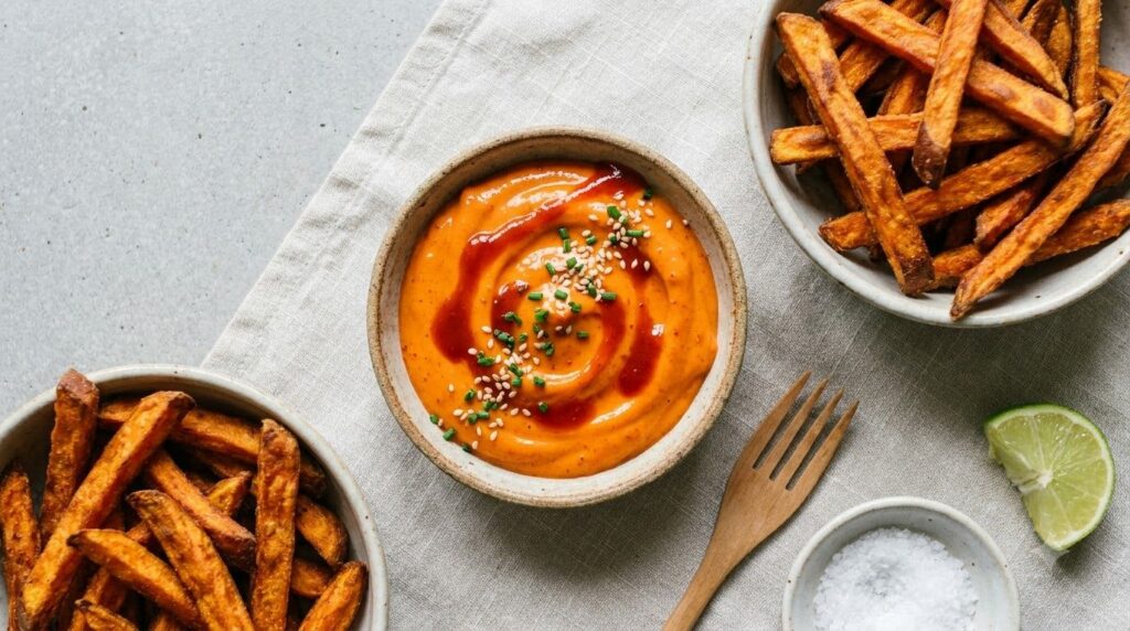 A small bowl of vibrant orange-red sriracha mayonnaise with a drizzle of sriracha on top served with a side of crispy sw