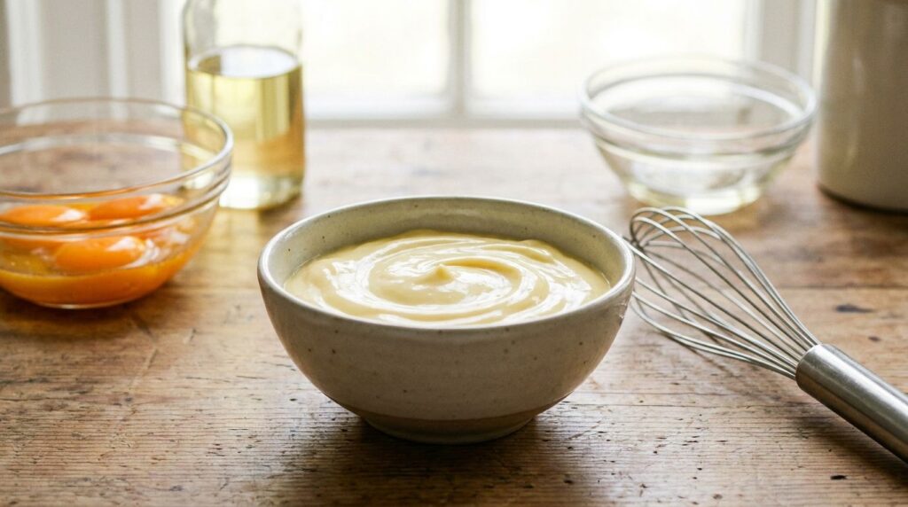 A bowl of smooth pale yellow classic homemade mayonnaise with a whisk next to it on a clean kitchen counter Fresh egg yo