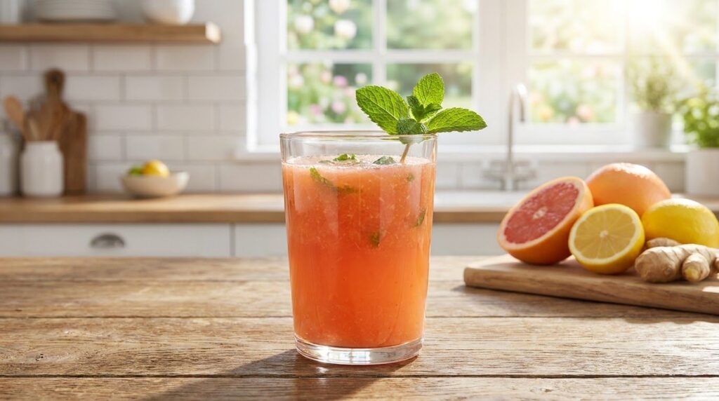 A vibrant pinkish-orange juice with grapefruit lemon mint and ginger in a glass garnished with a mint sprig